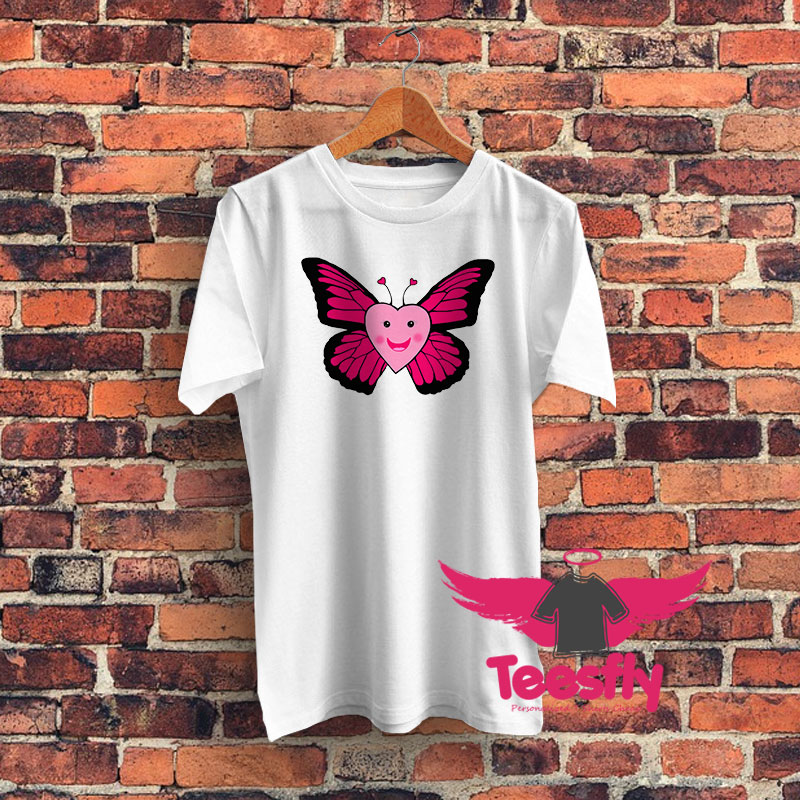 Happy Pink Heart Butterfly Graphic T Shirt