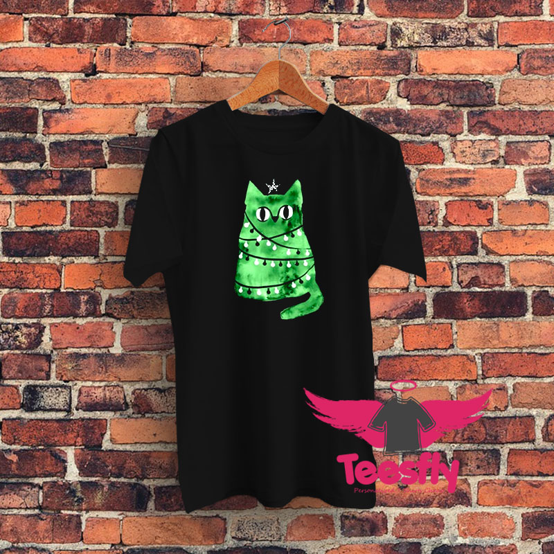Watercolor Green Christmas Cat Graphic T Shirt